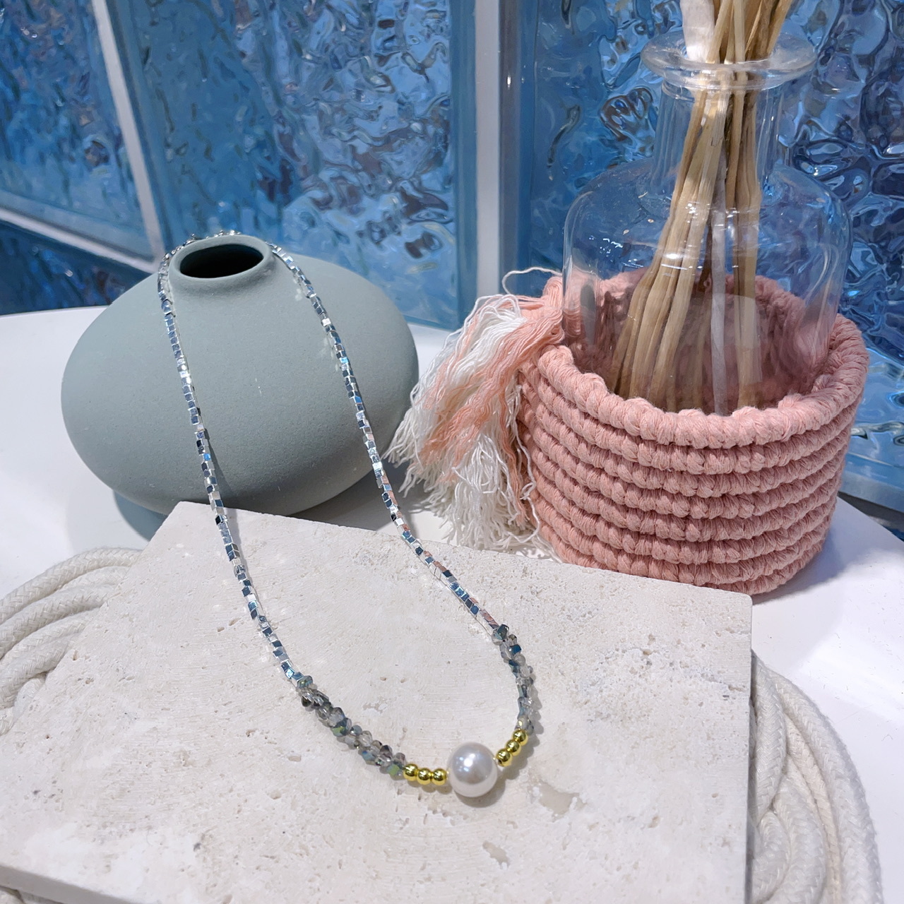 貝珠拼方粒黑膽石頸鏈 (42-47cm)