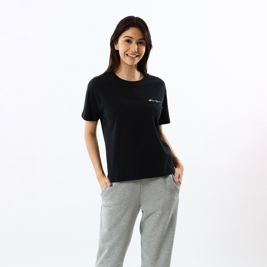 女款-BASIC 刺繡LOGO 寬版短TEE-黑色（CW-X337-090）