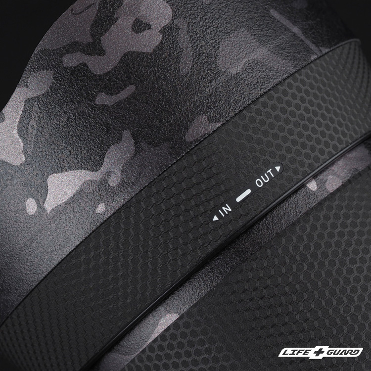 野戰迷彩黑貼膜質感特寫，LIFE+GUARD 設計風格