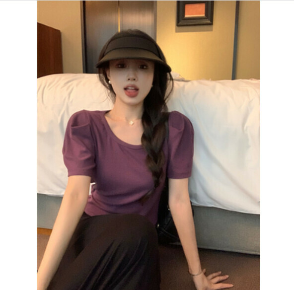 Summer puff sleeve short sleeve t (purple) [Size: S-L] [Contact customer service to confirm the shipping size after placing an order]