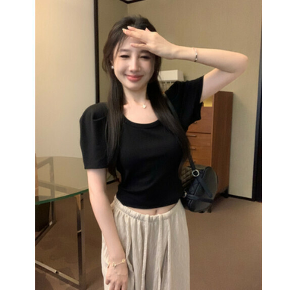 Summer puff sleeve short sleeve t (black) [Size: S-L] [Contact customer service to confirm the shipping size after placing an order]