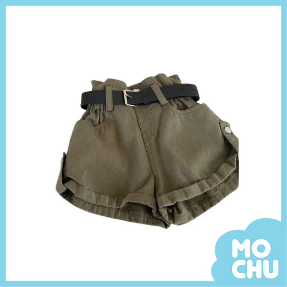 軍綠高腰捲邊短褲