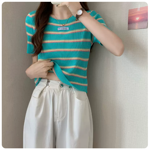 Knitted Short Sleeve Top with Contrast Stripes (Green) (One Size)
