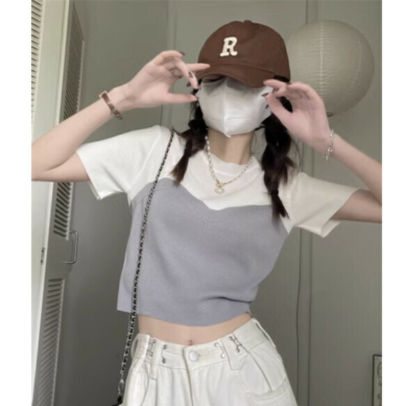 Summer contrasting stitching fake two-piece T (gray) [Size: S-L] [Contact customer service to confirm the shipping size after placing an order]