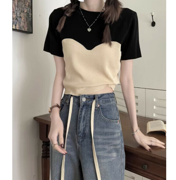 Summer contrasting stitching fake two-piece T (apricot) [Size: S-L] [Contact customer service to confirm the shipping size after placing an order]