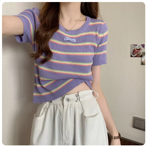 Knitted Contrast Striped Short Sleeve Top (Purple) (One Size)
