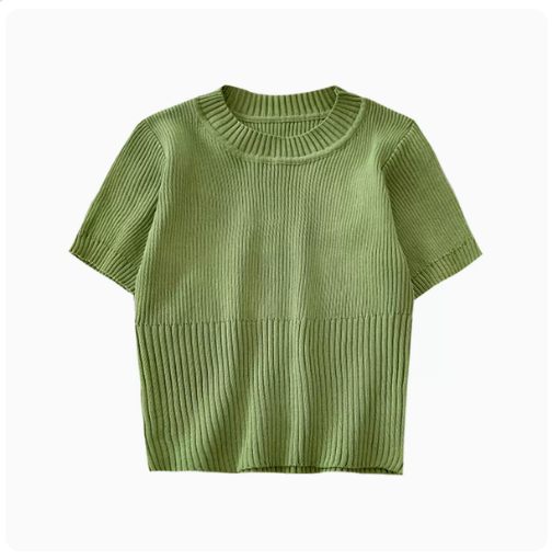 Knitted Crew Neck Short Sleeve T-Shirt Top (Green) (One Size)
