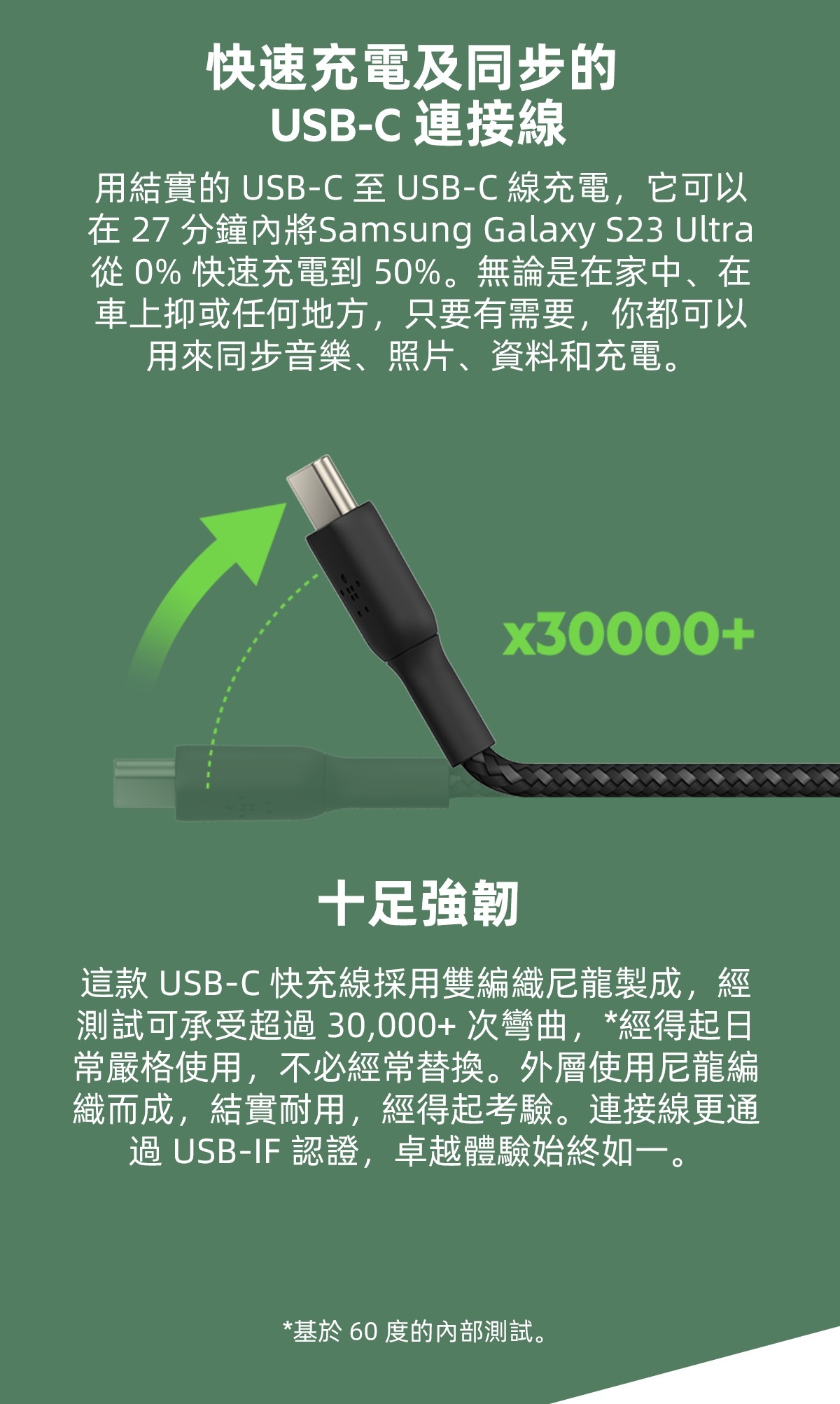 BoostCharge 60W USB-C 至USB-C 編織充電線纜 (2m/2件裝/白色)