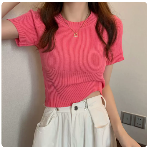 Knitted Crew Neck Short Sleeve T-Shirt Top (Watermelon Red) (One Size)