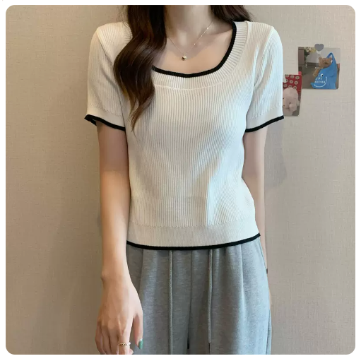 Sweet & Spicy Contrasting Short Sleeve Top (White) (One Size)