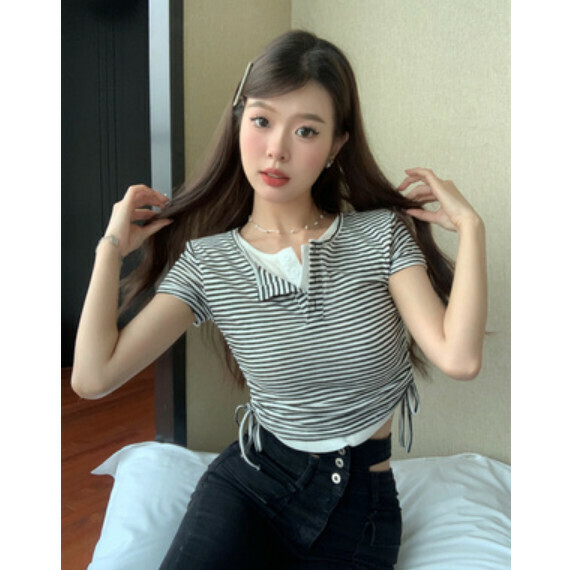 Summer Fake Two Pieces Drawstring Semi-Open Collar T T (Stripe) [One Size]