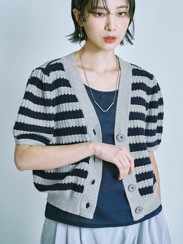 凝歲針織開襟短袖外套-青黛