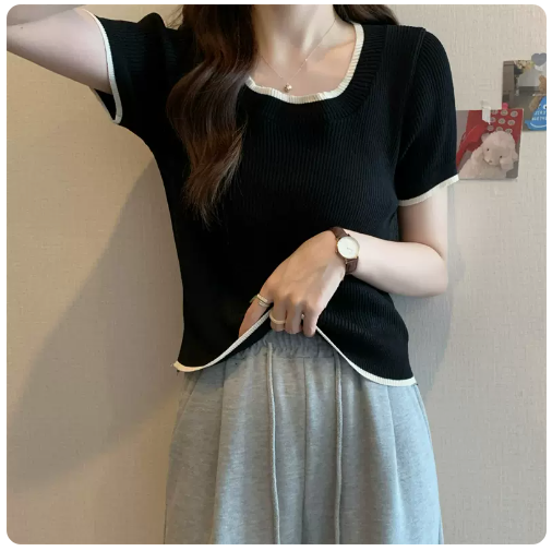 Sweet & Spicy Contrasting Short Sleeve Top (Black) (One Size)