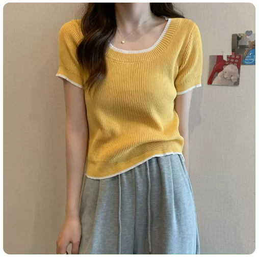 Sweet & Spicy Contrasting Short Sleeve Top (Yellow) (One Size)