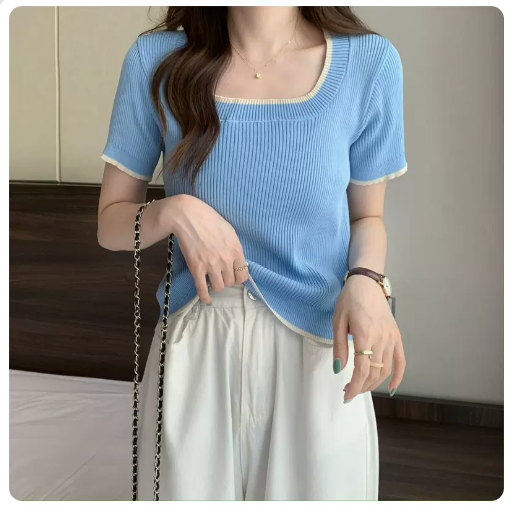 Sweet and Spicy Contrasting Short Sleeve Top (Blue) (One Size)