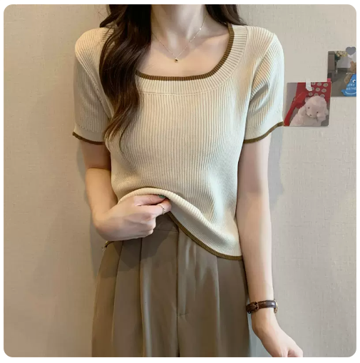 Sweet and Spicy Contrasting Short Sleeve Top (Apricot) (One Size)