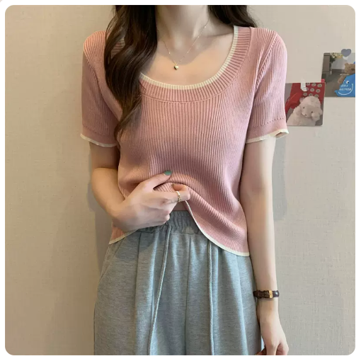 Sweet & Spicy Contrasting Short Sleeve Top (Pink) (One Size)