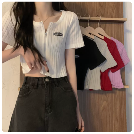 Cropped Zip-Up T-Shirt Top (White) (One Size)