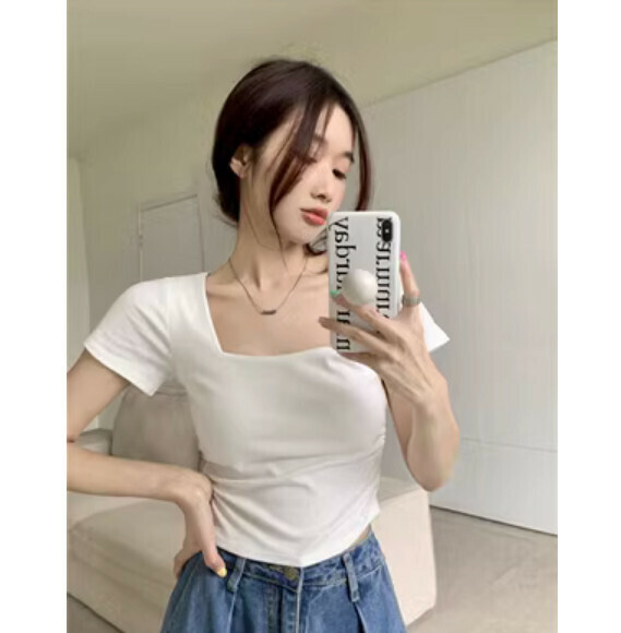 Summer Square Neck Short Sleeve T (White) [Size: S-L] [Contact customer service to confirm the shipping size after placing an order]