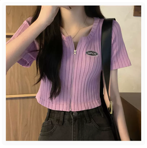 Cropped Zip-Up T-Shirt Top (Purple) (One Size)
