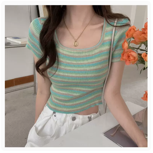 Knitted Contrast Square Neck Short Sleeve T-Shirt (Green) (One Size)