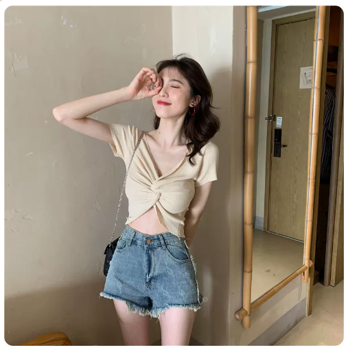 Twisted Knit T-Shirt (Apricot) (One Size)