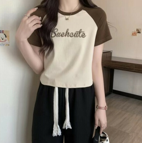 Summer raglan sleeves short sleeves slim T (apricot) [size: S-XL] [Contact customer service to confirm the shipping size after placing an order]
