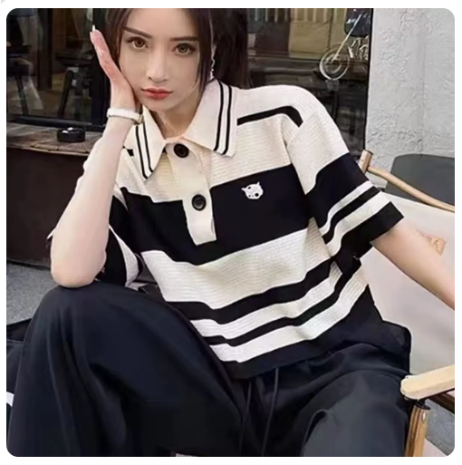 STRAIGHT KNIT CONTRAST STRIPE POLO NECK SHORT SLEEVE (WHITE) (ONE SIZE)