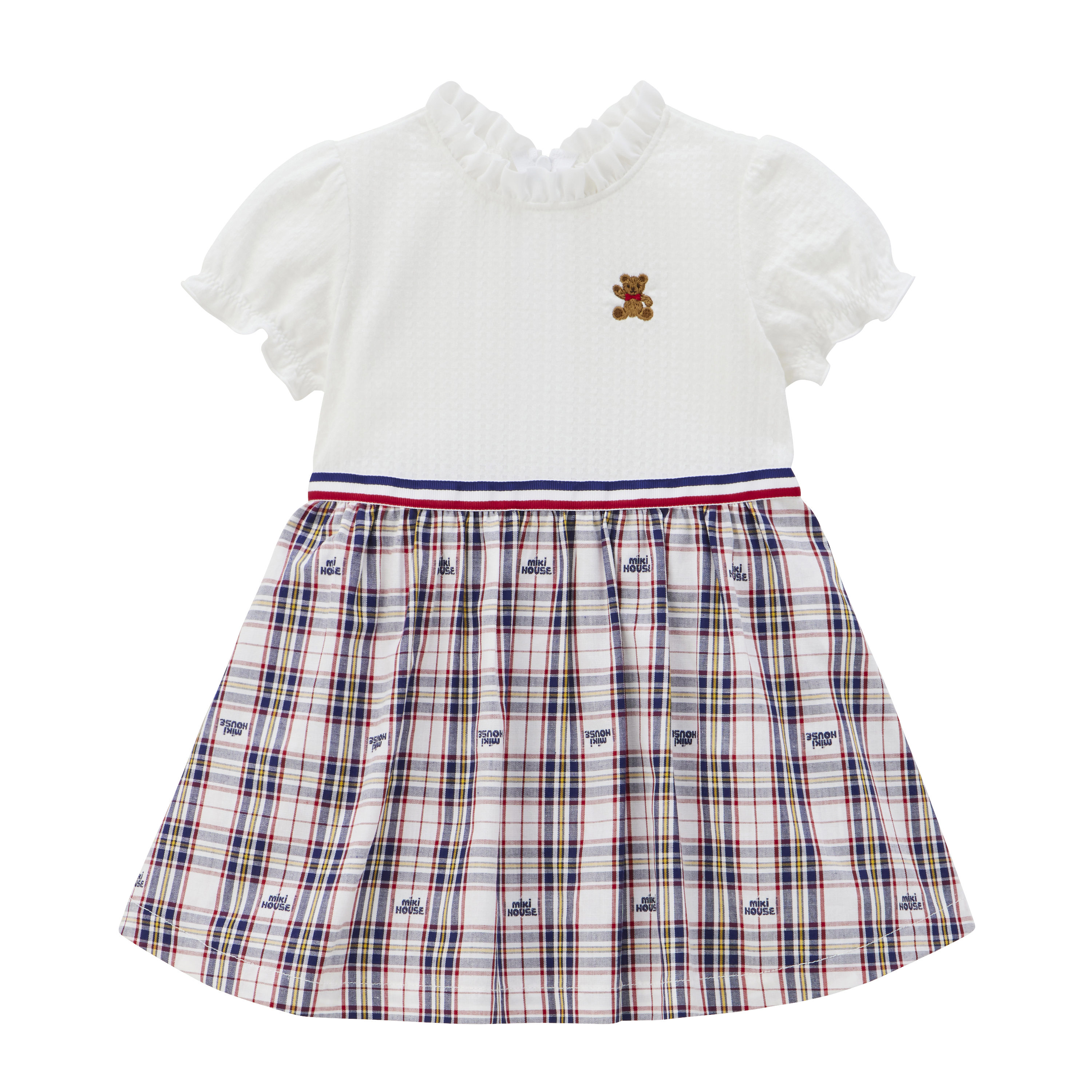 MIKI HOUSE BEAR格紋洋裝-藏藍&白