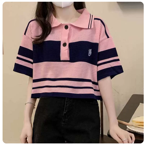 STRAIGHT KNIT CONTRAST STRIPE POLO NECK SHORT SLEEVES (PINK) (ONE SIZE)