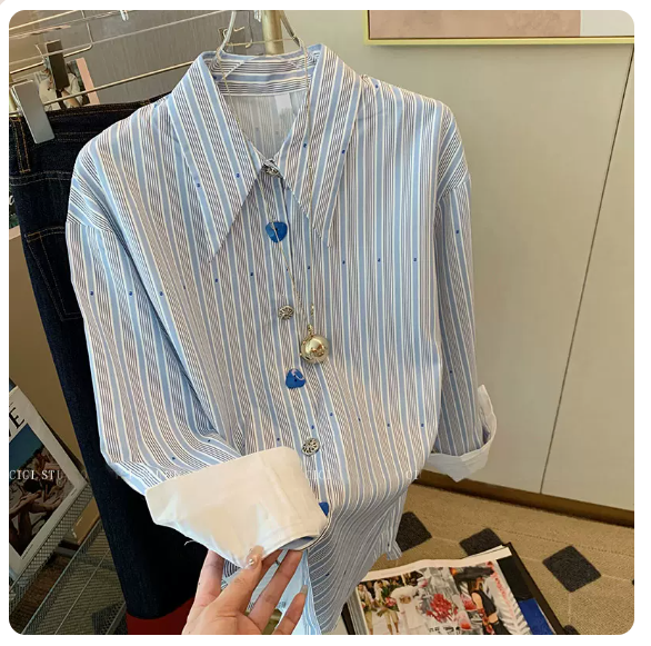 Blue Striped Long Sleeve Shirt (Picture Size: S-3XL) (Please contact customer service to confirm the shipping size after placing an order)