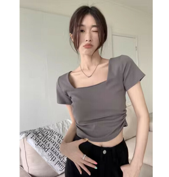 Summer Square Neck Short Sleeve T (Gray) [Size: S-L] [Contact customer service to confirm the shipping size after placing an order]