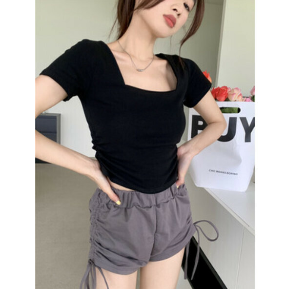 Summer Square Neck Short Sleeve T (Black) [Size: S-L] [Contact Customer Service to Confirm Shipping Size After Placing an Order]