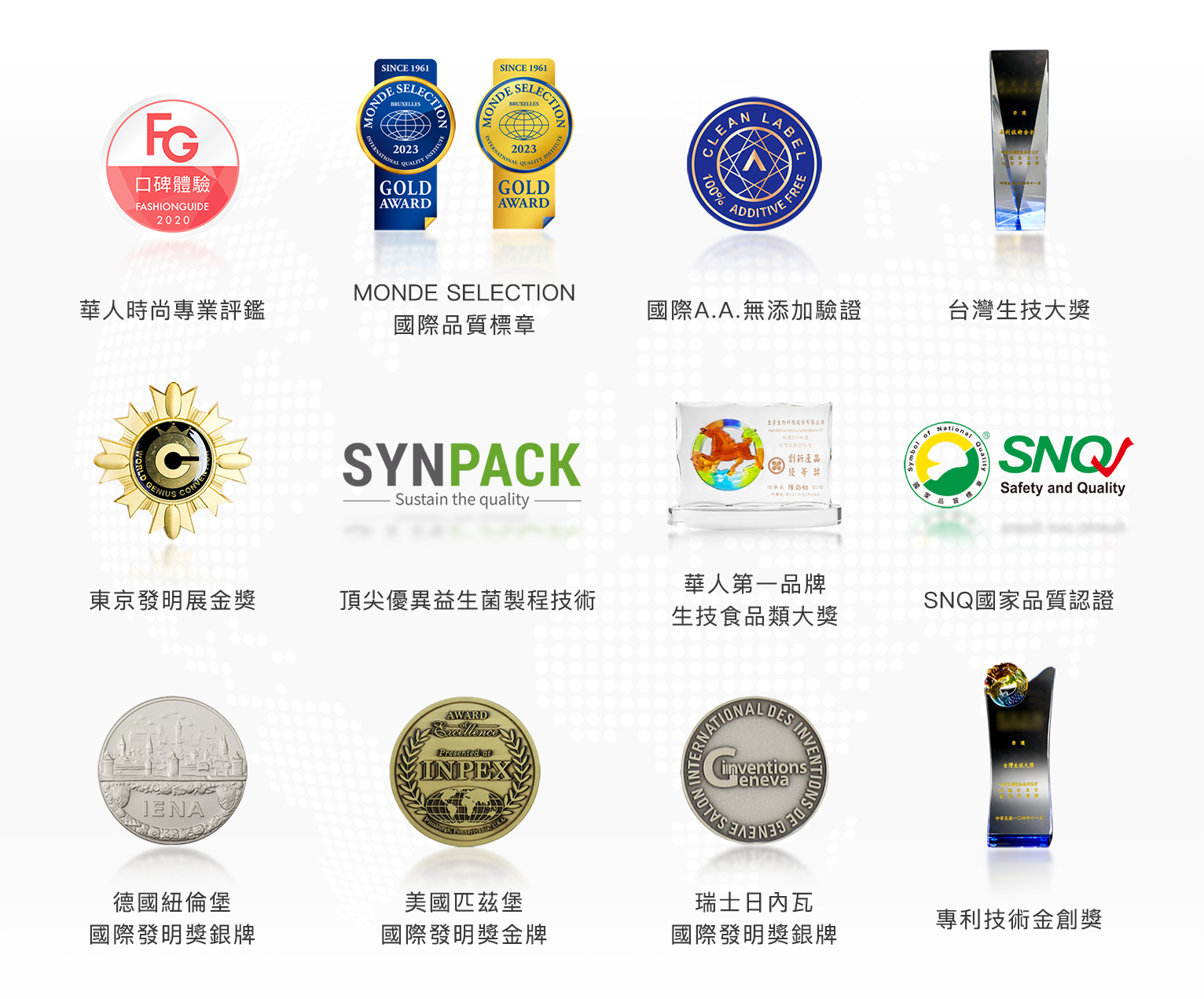 得獎、台灣生技獎、專利技術金創獎、華人第一品牌、國際品質