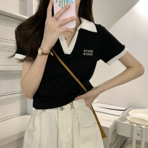 Summer Polo Collar Contrast Short Sleeve T (Black) [Size: S-XL] [Contact Customer Service to Confirm Shipping Size After Placing an Order]