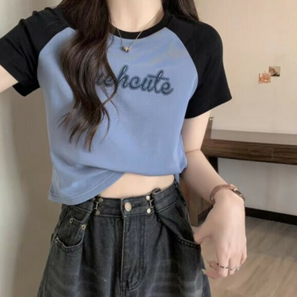Summer raglan sleeves slim T (blue) [Size: S-XL] [Contact customer service to confirm the shipping size after placing an order]