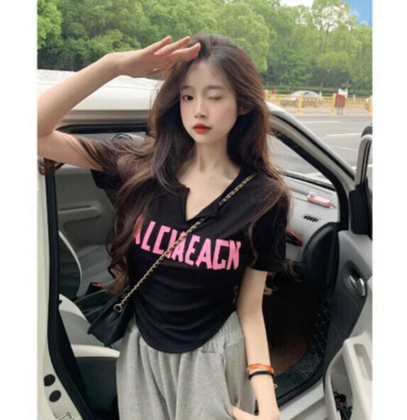 Summer letter print short sleeve T (black) [Size: S-L] [Contact customer service to confirm the shipping size after placing an order]