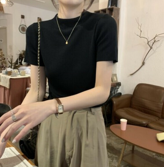 Summer Ice Silk Short Sleeve Shoulder T (Black) [Size: S-L] [Contact Customer Service to Confirm Shipping Size after Placing an Order]