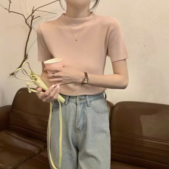 Summer Ice Silk Short Sleeve Shoulder T (Pink) [Size: S-L] [Contact Customer Service to Confirm Shipping Size after Placing an Order]