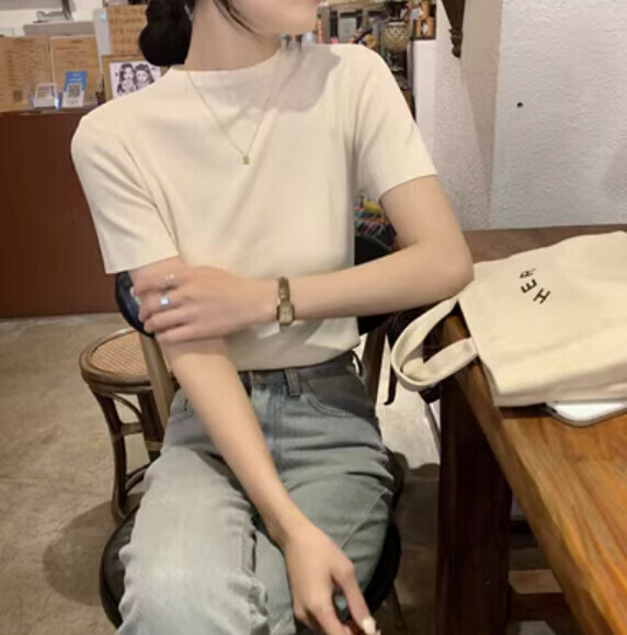 Summer Ice Silk Short Sleeve Shoulder T (Apricot) [Size: S-L] [Contact customer service to confirm the shipping size after placing an order]