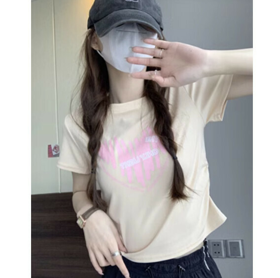 Summer printed short sleeve T (apricot) [Size: S-L] [Contact customer service to confirm the shipping size after placing an order]