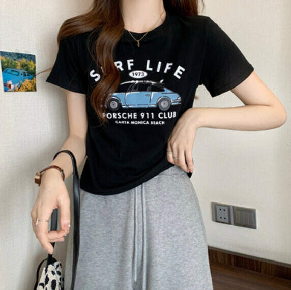 Summer letter print shoulder short sleeve T (black) [Size: S-L] [Contact customer service to confirm the shipping size after placing an order]
