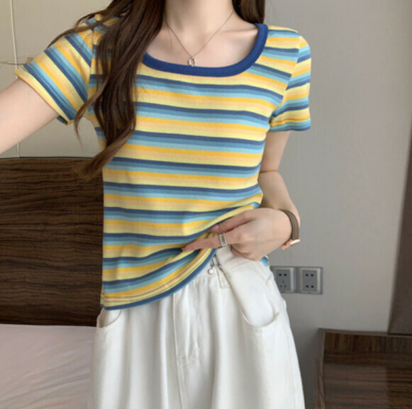 Summer striped square neck short sleeve t (blue) [Size: S-2XL] [Contact customer service to confirm the shipping size after placing an order]