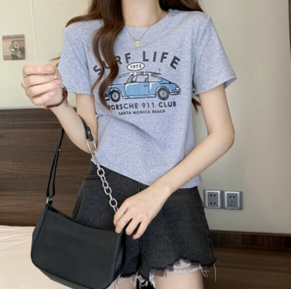 Summer letter print shoulder short sleeve T (gray) [Size: S-L] [Contact customer service to confirm the shipping size after placing an order]
