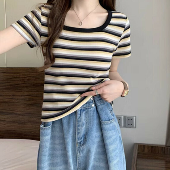 Summer striped square neck short sleeve t (black) [size: S-2XL] [Contact customer service to confirm the shipping size after placing an order]