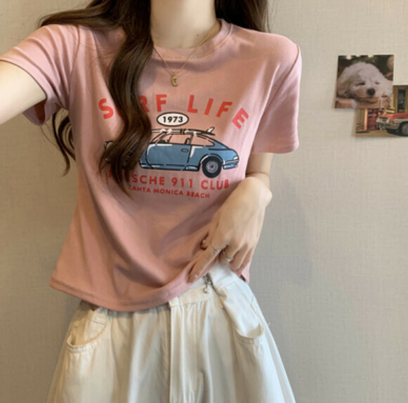 Summer letter print shoulder short sleeve T (pink) [Size: S-L] [Contact customer service to confirm the shipping size after placing an order]