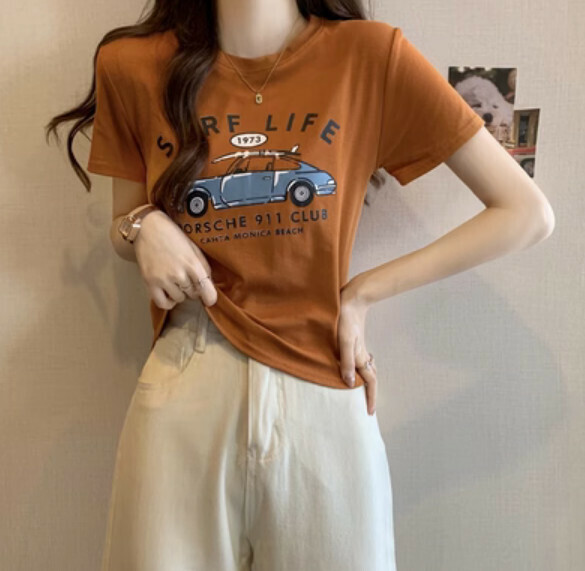 Summer letter print full shoulder short sleeve T (orange) [Size: S-L] [Contact customer service to confirm the shipping size after placing an order]