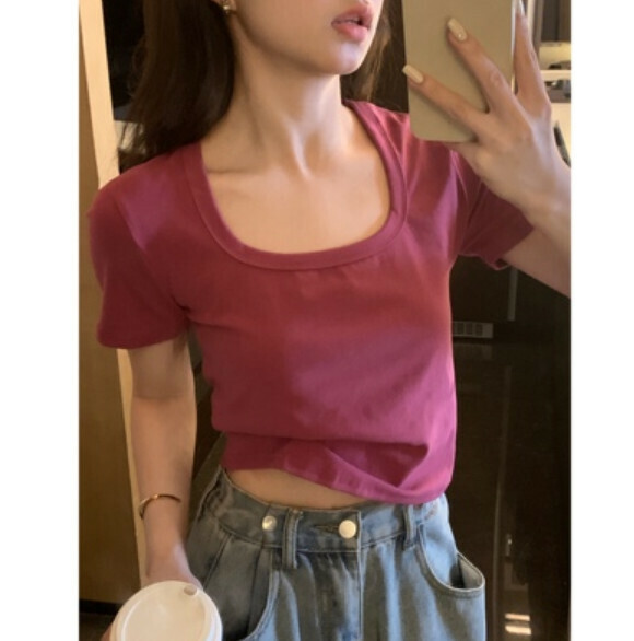Summer square neck short sleeve t (raspberry powder) [size: S-L] [Contact customer service to confirm the shipping size after placing an order]