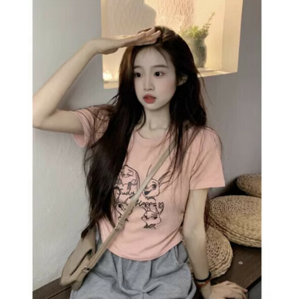 Summer cartoon print crew neck T-shirt (pink) [one size]