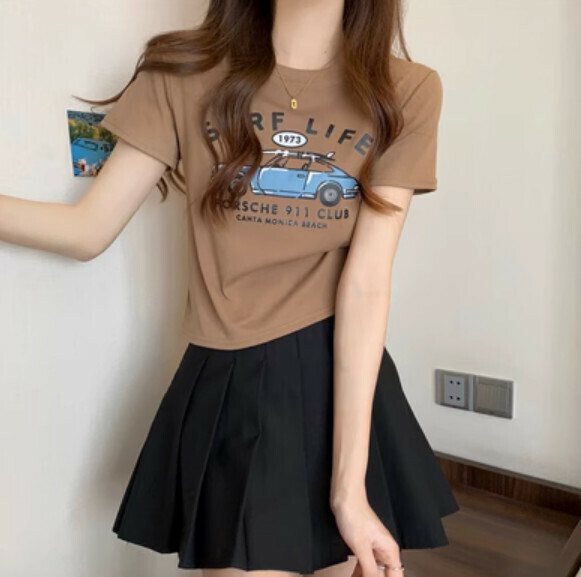 Summer letter print shoulder short sleeve T (coffee color) [Size: S-L] [Contact customer service to confirm the shipping size after placing an order]
